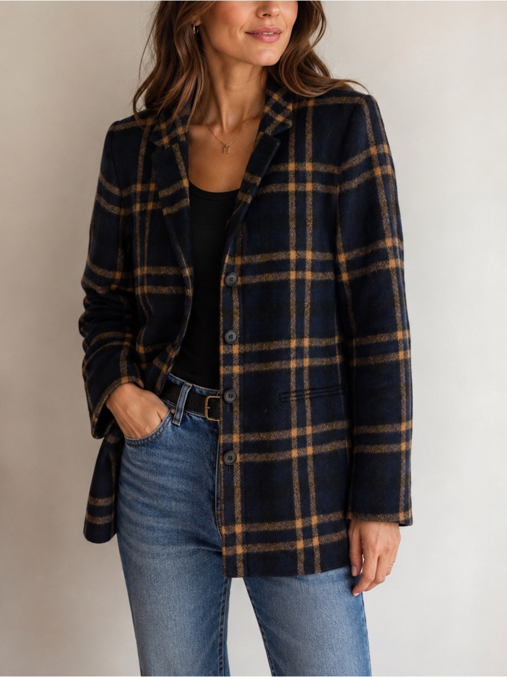 Velvet by Graham & Spencer Plaid Wool Blend Jacket Navy Camel Size S Classic